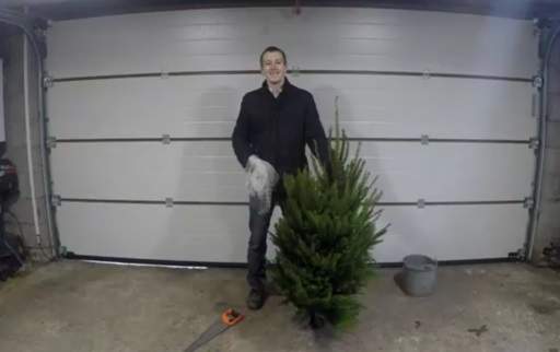 Taking netting off Christmas tree in garage